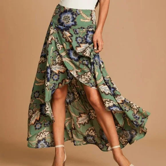 O'Neil Ambrosio Green Floral Print High-Low Maxi Skirt